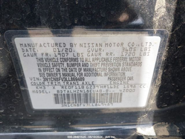 3N1CN8FV3LL869489 Nissan Versa Sr Xtronic Cvt