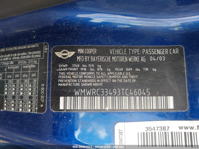 2003 MINI COOPER WMWRC33493TC46045 Photo 8