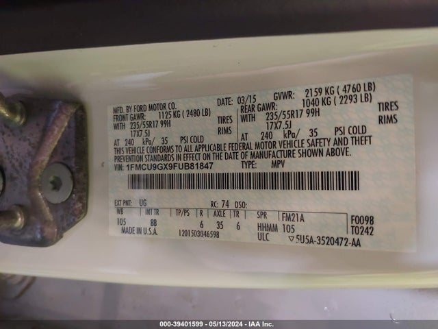 Ford ESCAPE SE 2015 1FMCU9GX9FUB81847 Image 9