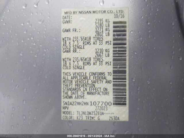5N1AZ2MH2HN107700 Nissan MURANO SV