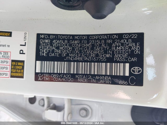 Toyota COROLLA SE 2022 JTND4MBE9N3167755 Image 9