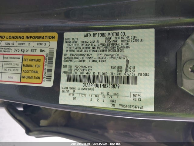 Ford Fusion Hybrid S 2017 3FA6P0UU1HR253879 Image 9