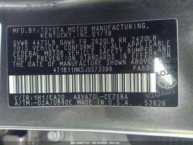 4T1B11HK5JU573399 Toyota CAMRY SE