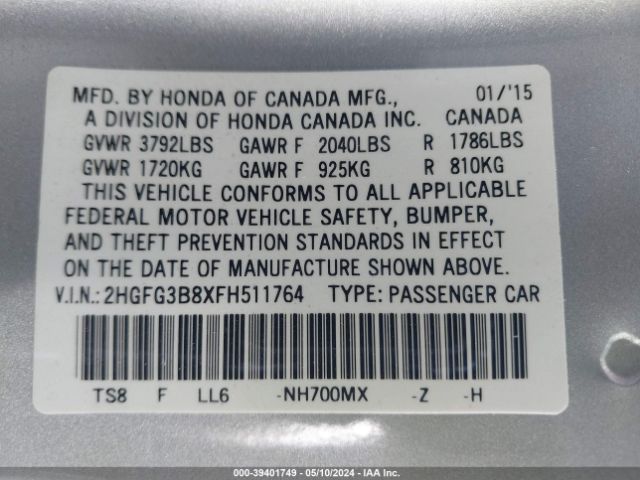 2HGFG3B8XFH511764 Honda CIVIC EX