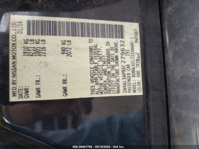 1N4AL3AP9EC279632 Nissan Altima 2.5 Sl