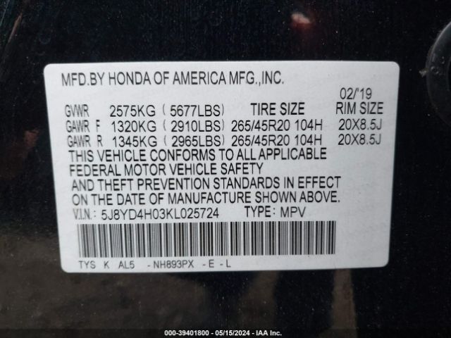 2019 ACURA MDX 5J8YD4H03KL025724 Photo 8