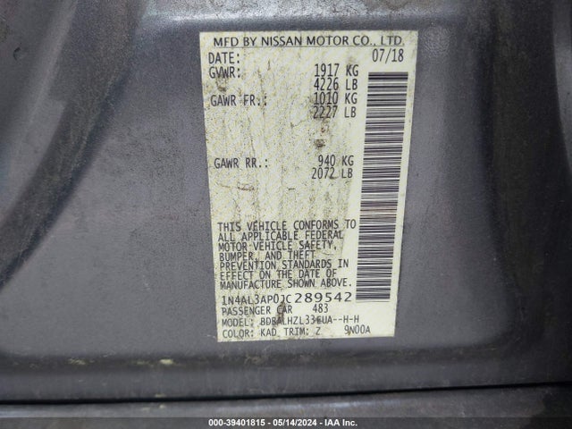 Nissan Altima 2.5 Sr 2018 1N4AL3AP0JC289542 Image 9