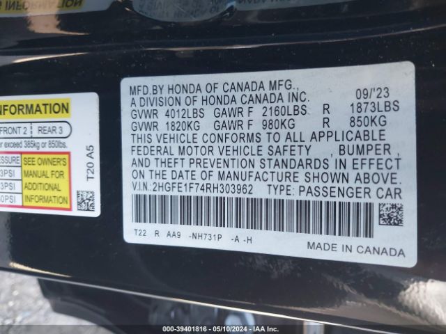 2HGFE1F74RH303962 Honda CIVIC EX