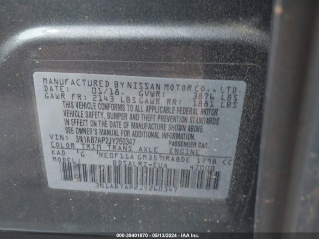 Nissan SENTRA SR 2018 3N1AB7AP2JY260347 Image 9
