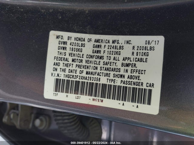 Honda ACCORD LX 2017 1HGCR2F3XHA293056 Image 9