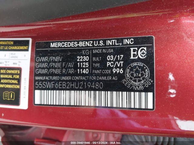 55SWF6EB2HU219480 Mercedes-Benz Amg C 43 4matic