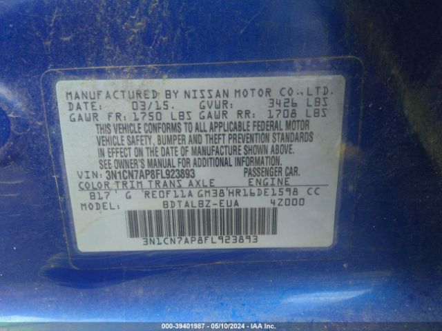 3N1CN7AP8FL923893 Nissan Versa 1.6 Sv