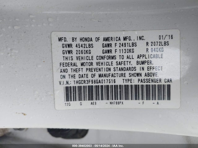 Honda Accord Touring 2016 1HGCR3F98GA017516 Image 9