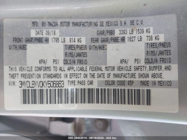 3MYDLBYV0KY506863 Toyota YARIS LE
