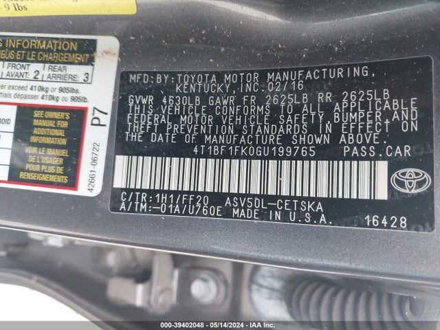 Toyota CAMRY SE 2016 4T1BF1FK0GU199765 Image 9