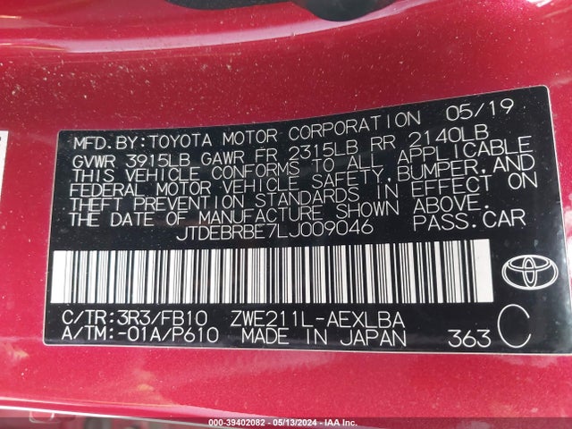 Toyota Corolla Hybrid Le 2020 JTDEBRBE7LJ009046 Image 9