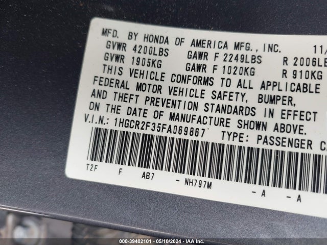 Honda ACCORD LX 2015 1HGCR2F35FA069867 Image 9