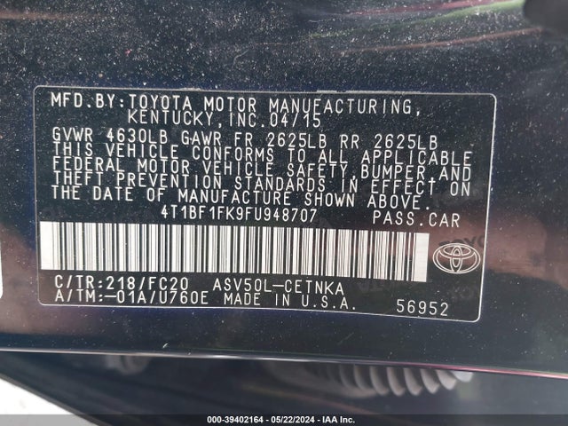 Toyota CAMRY LE 2015 4T1BF1FK9FU948707 Image 9