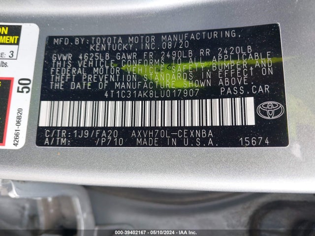Toyota Camry Le Hybrid 2020 4T1C31AK8LU017907 Image 9