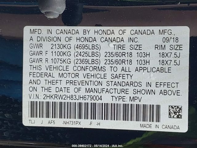 2HKRW2H83JH679004 Honda Cr-v Ex-l/ex-l Navi