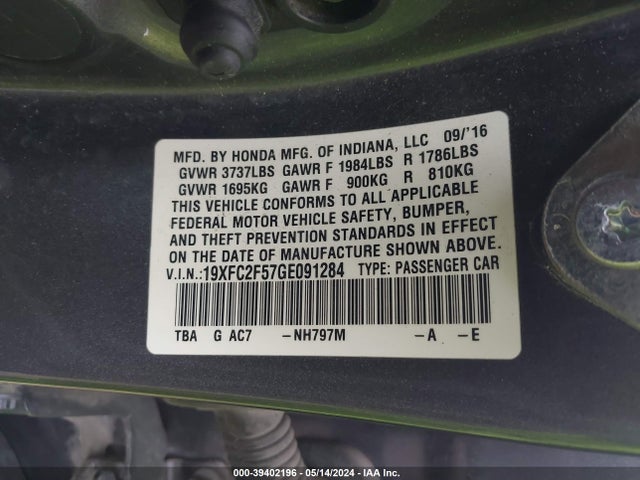 Honda Civic Lx 2016 19XFC2F57GE091284 Image 9