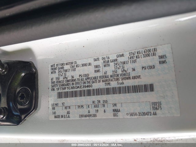 Ford F-150 Xl 2016 1FTMF1C85GKE39460 Image 9