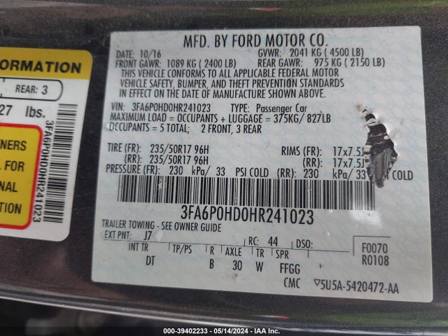 Ford FUSION SE 2017 3FA6P0HD0HR241023 Image 9