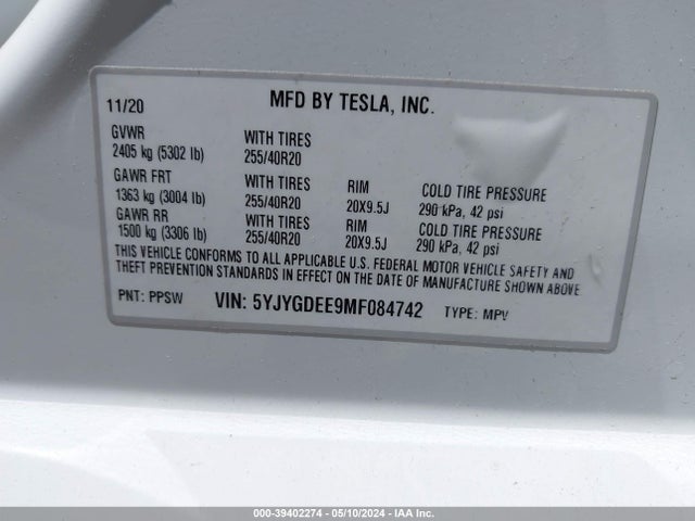5YJYGDEE9MF084742 Tesla Model Y Long Range Dual Motor All-wheel Drive