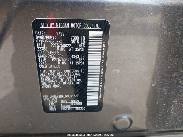 Nissan Armada Platinum 2wd 2022 JN8AY2DA0N9391587 Image 9