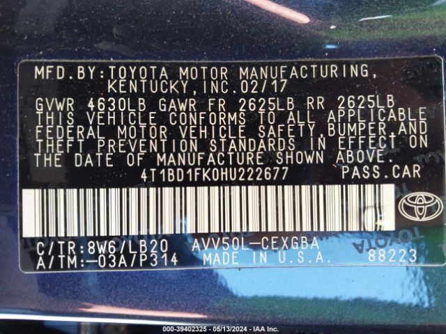 4T1BD1FK0HU222677 Toyota Camry Hybrid Xle
