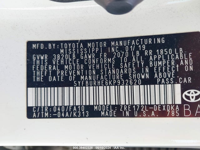 Toyota COROLLA L 2019 5YFBURHE6KP932620 Image 9