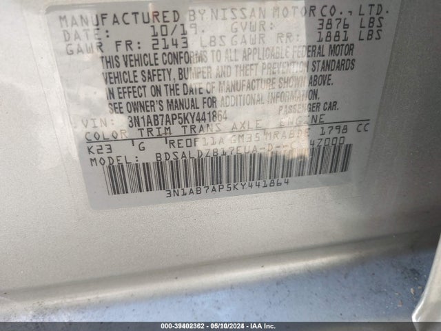Nissan SENTRA SV 2019 3N1AB7AP5KY441864 Image 9