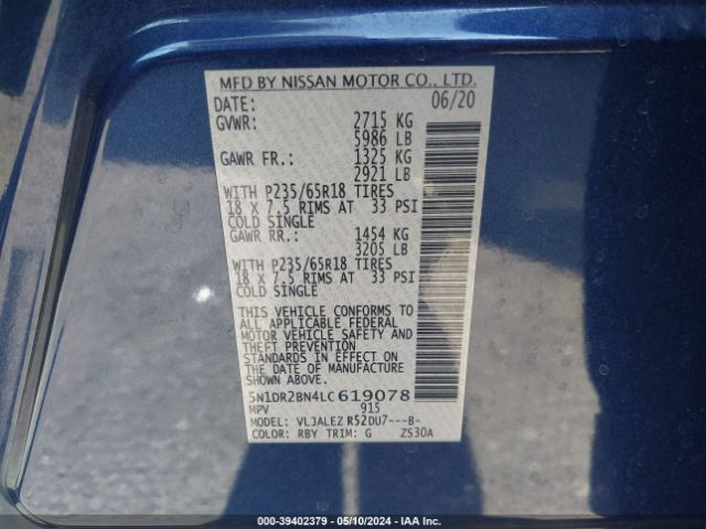 5N1DR2BN4LC619078 Nissan Pathfinder Sv 2wd