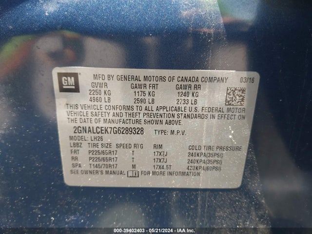Chevrolet EQUINOX LT 2016 2GNALCEK7G6289328 Image 9