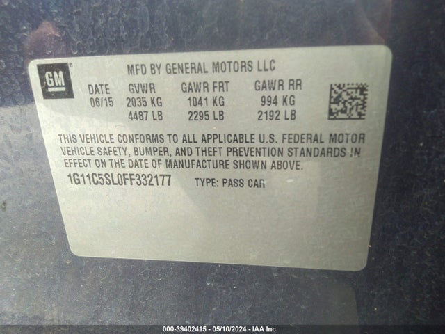 Chevrolet MALIBU 1LT 2015 1G11C5SL0FF332177 Image 9
