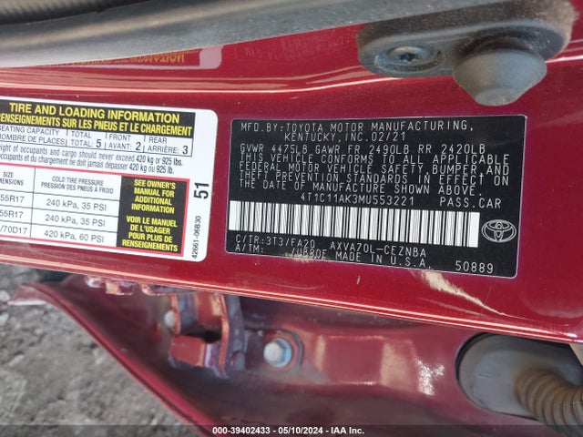 Toyota CAMRY LE 2021 4T1C11AK3MU553221 Image 9