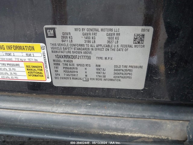 GMC Acadia Slt-1 2015 1GKKRRKD6FJ177730 Image 9
