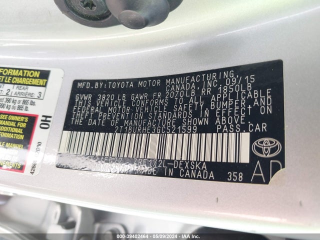 Toyota Corolla S Plus 2016 2T1BURHE3GC521599 Image 9