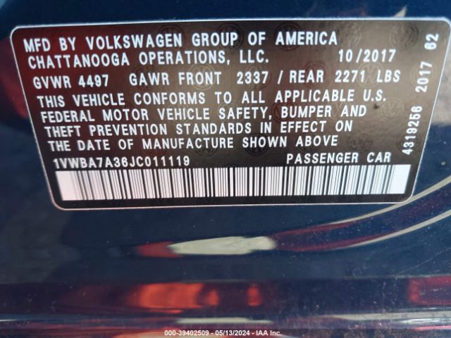 1VWBA7A36JC011119 Volkswagen Passat 2.0t Se