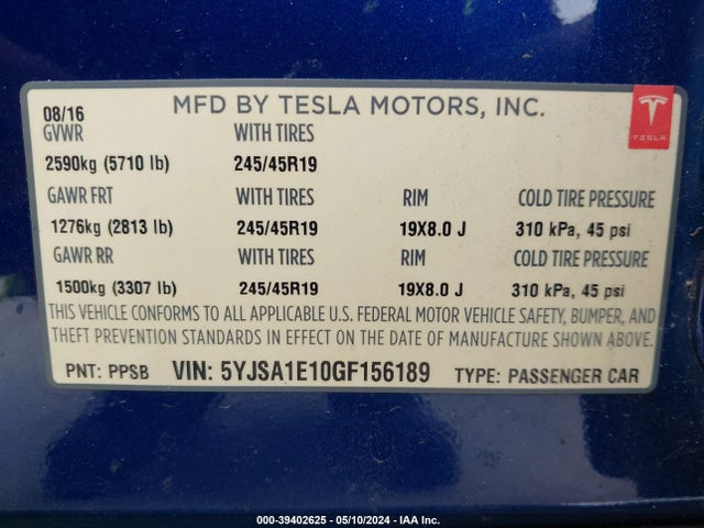 Tesla Model S 60/70/75/85 2016 5YJSA1E10GF156189 Image 9