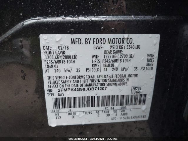 2FMPK4G98JBB71207 Ford EDGE SE