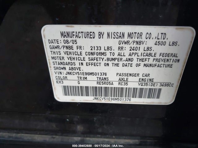 2006 Infiniti G35 მანქანა იყიდება აუქციონზე, vin: JNKCV51E96M501376, აუქციონის ნომერი: 39402688