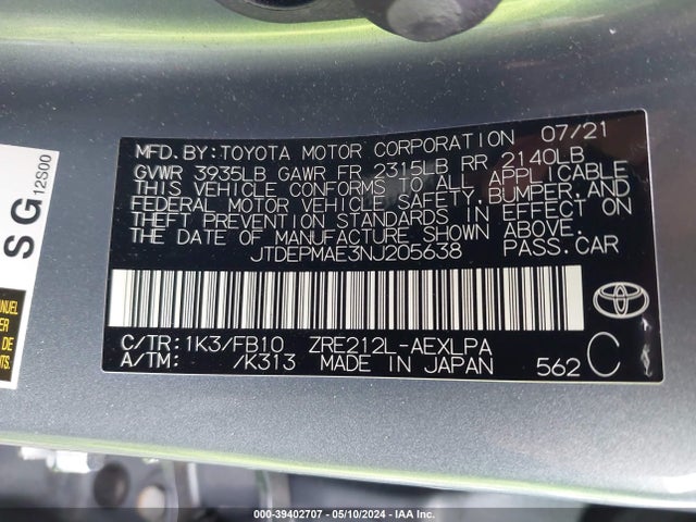Toyota COROLLA LE 2022 JTDEPMAE3NJ205638 Image 9
