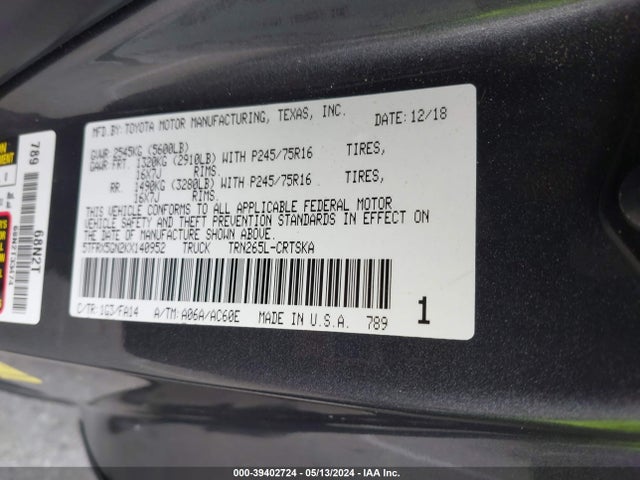 Toyota Tacoma Sr 2019 5TFRX5GN2KX140952 Image 9