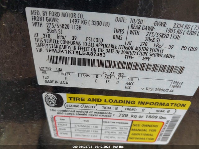 Ford Expedition Limited Max 2020 1FMJK1KT8LEA87483 Image 9