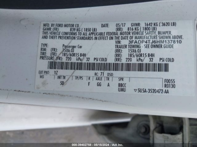3FADP4TJ6HM137810 Ford FIESTA S