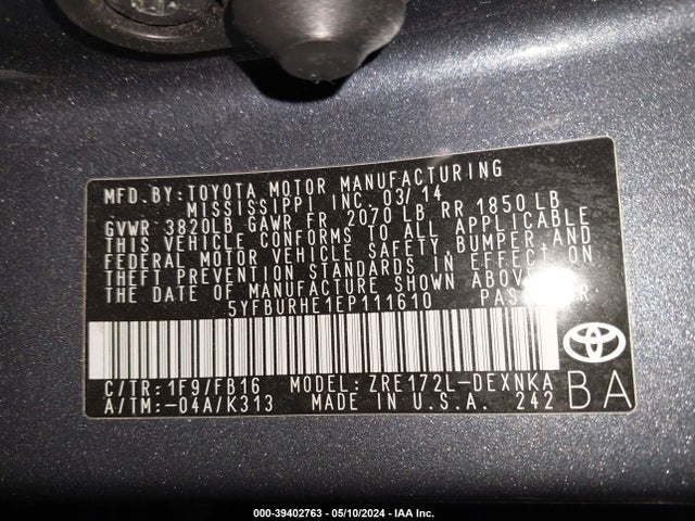 Toyota COROLLA LE 2014 5YFBURHE1EP111610 Image 9
