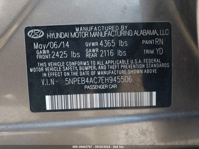Aukcja sprzedaży 2014 Hyundai Sonata Gls, vin: 5NPEB4AC7EH945506, numer aukcji: 39402767