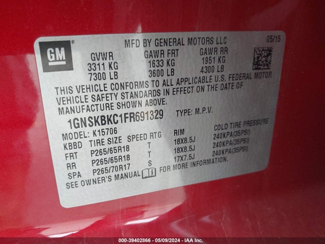 Chevrolet Tahoe Lt 2015 1GNSKBKC1FR691329 Image 9