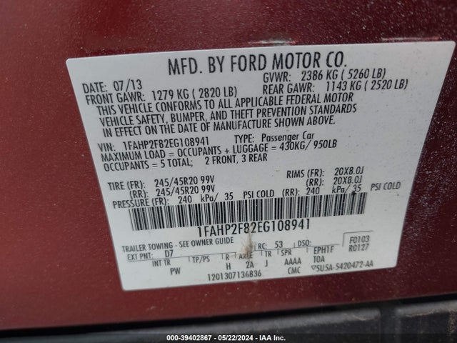 Ford Taurus Limited 2014 1FAHP2F82EG108941 Image 9